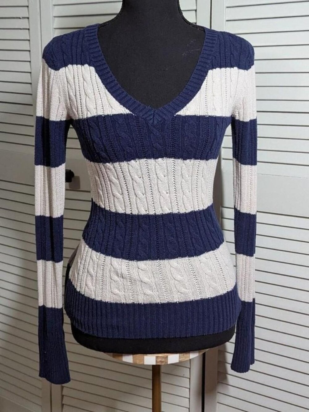 Navy blue and off white/grey chunky striped knit sweater